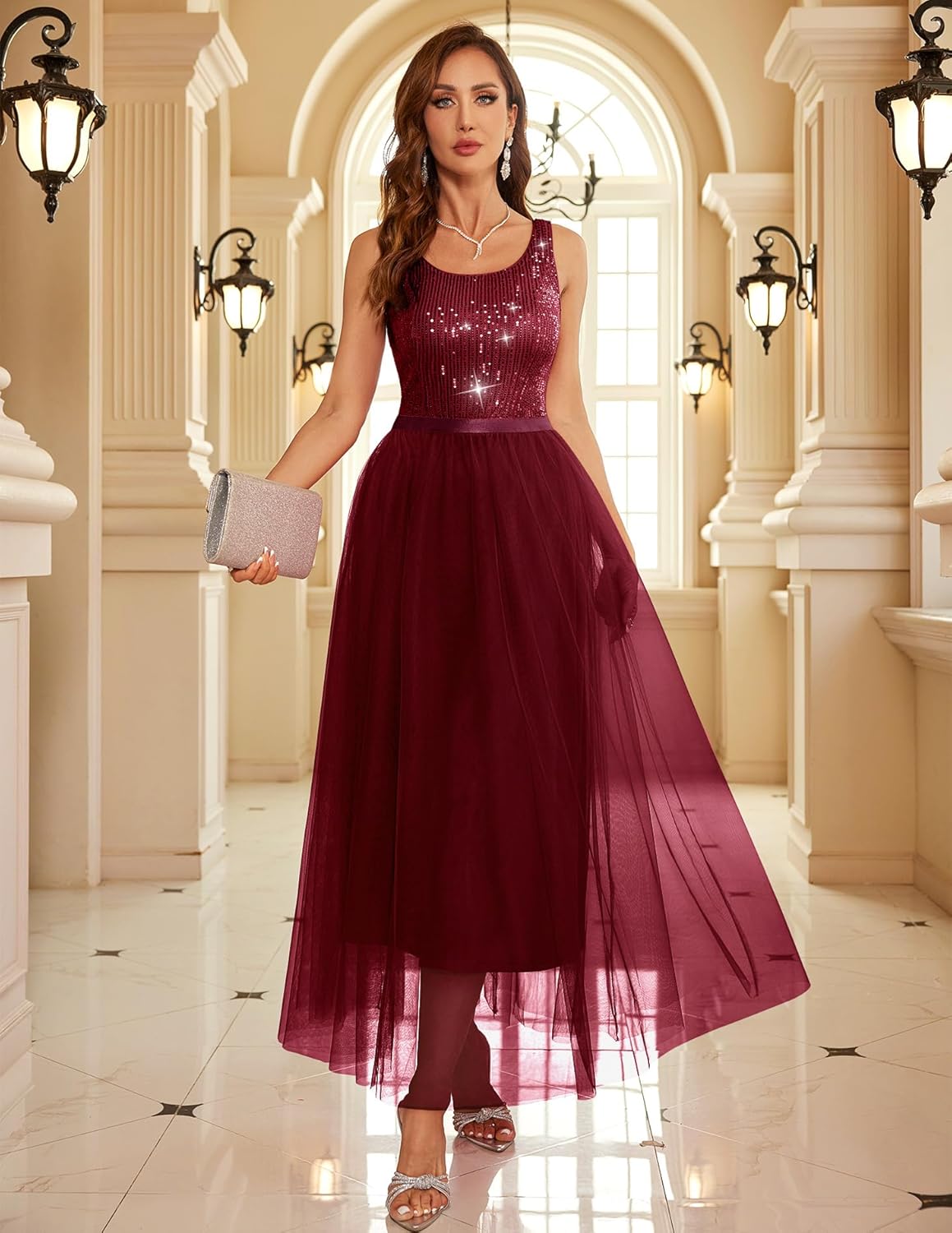 BeryLove Sequin Dress for Woman Vintage A Line Wedding Formal Swing Mesh Dress Sleeveless Cocktail Maxi Gowns