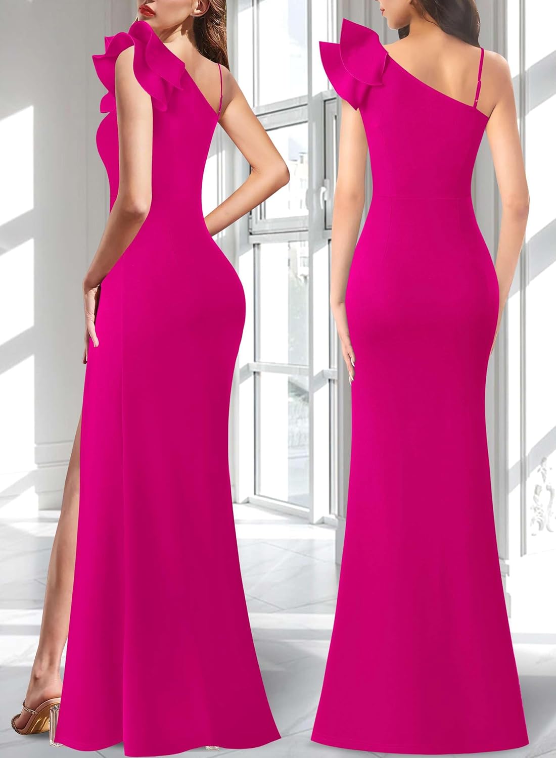 VFSHOW Womens Ruffle One Shoulder Strap Ruched Formal Prom Wedding Maxi Dress V Neck Elegant Split Cocktail Evening Long Gown