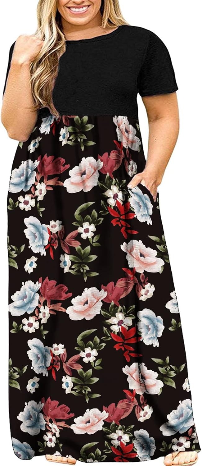 Kancystore Women's Short Sleeve Plus Size Maxi Dress with Pockets Loose Casual Summer Dresses