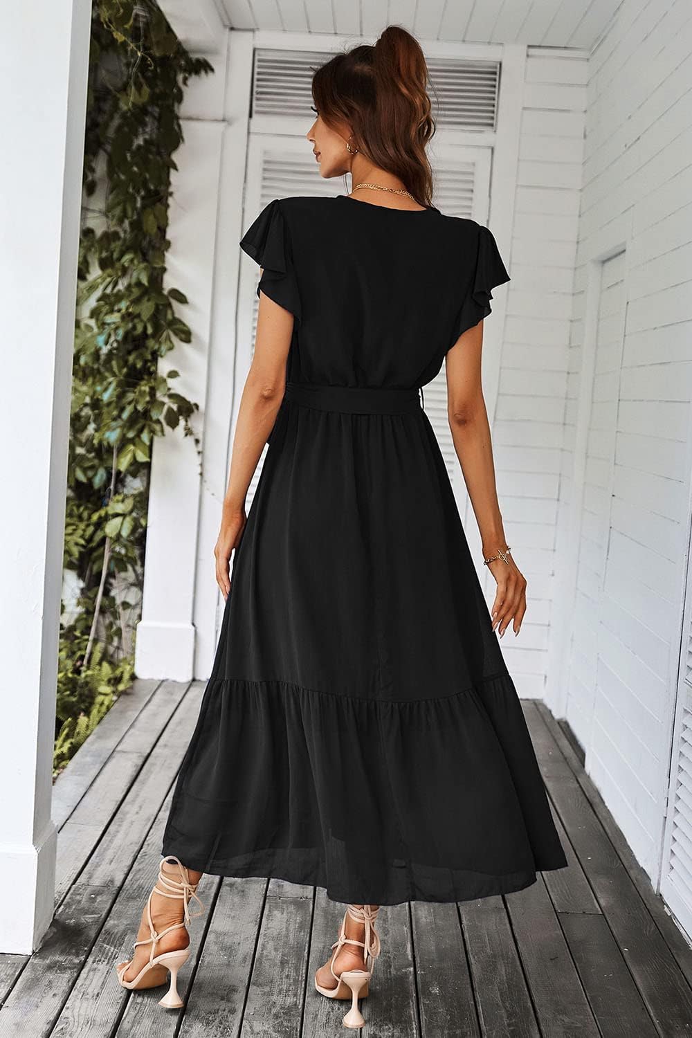 PRETTYGARDEN Women's Summer Floral Boho Dress Wrap V Neck Short Sleeve Ruffle A-Line Flowy Maxi Wedding Guest Dresses
