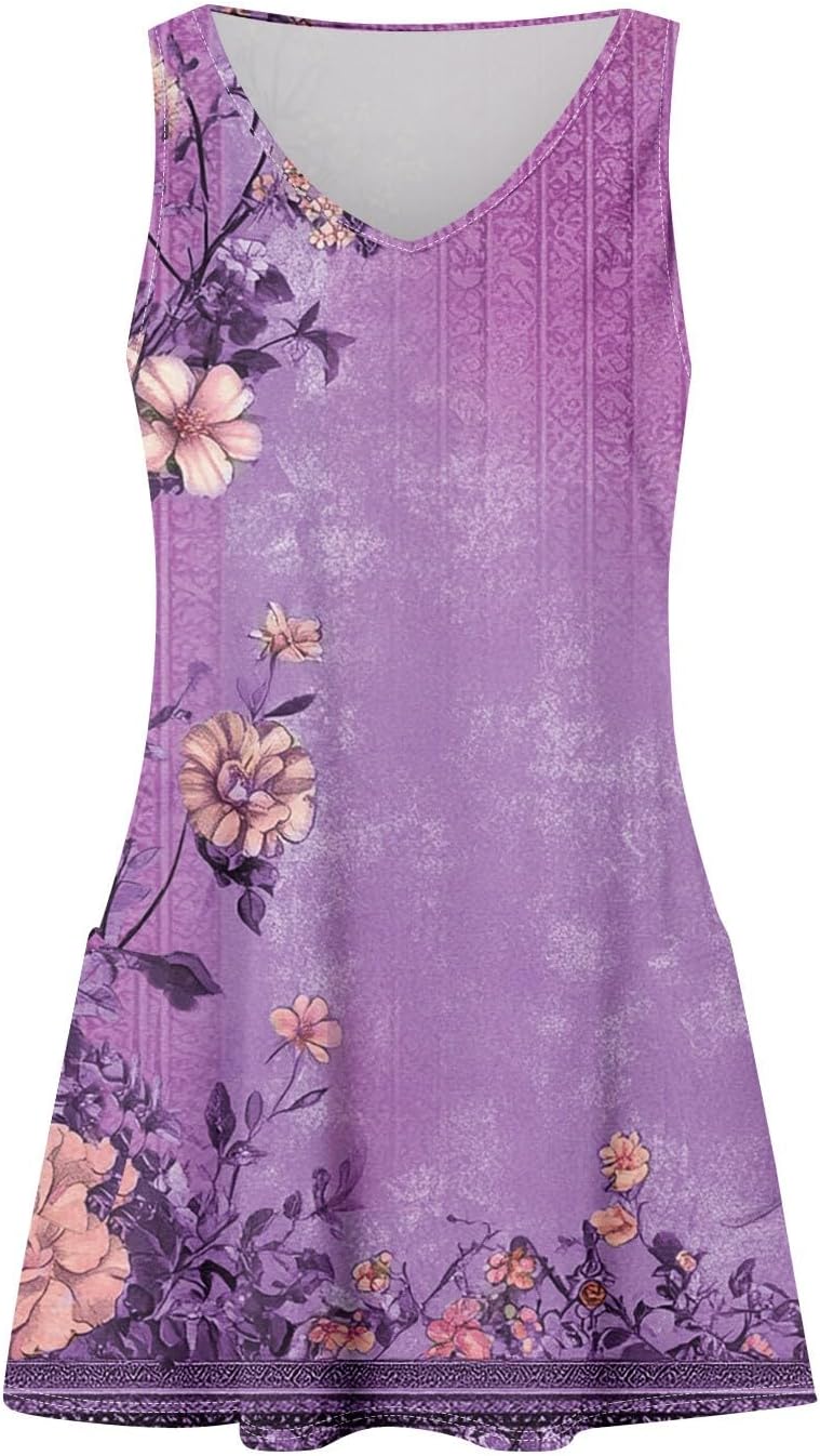 Women's Sleeveless Floral Print Summer Dress Casual V-Neck A-Line Mini Dress for Beach Party and Daily Wear