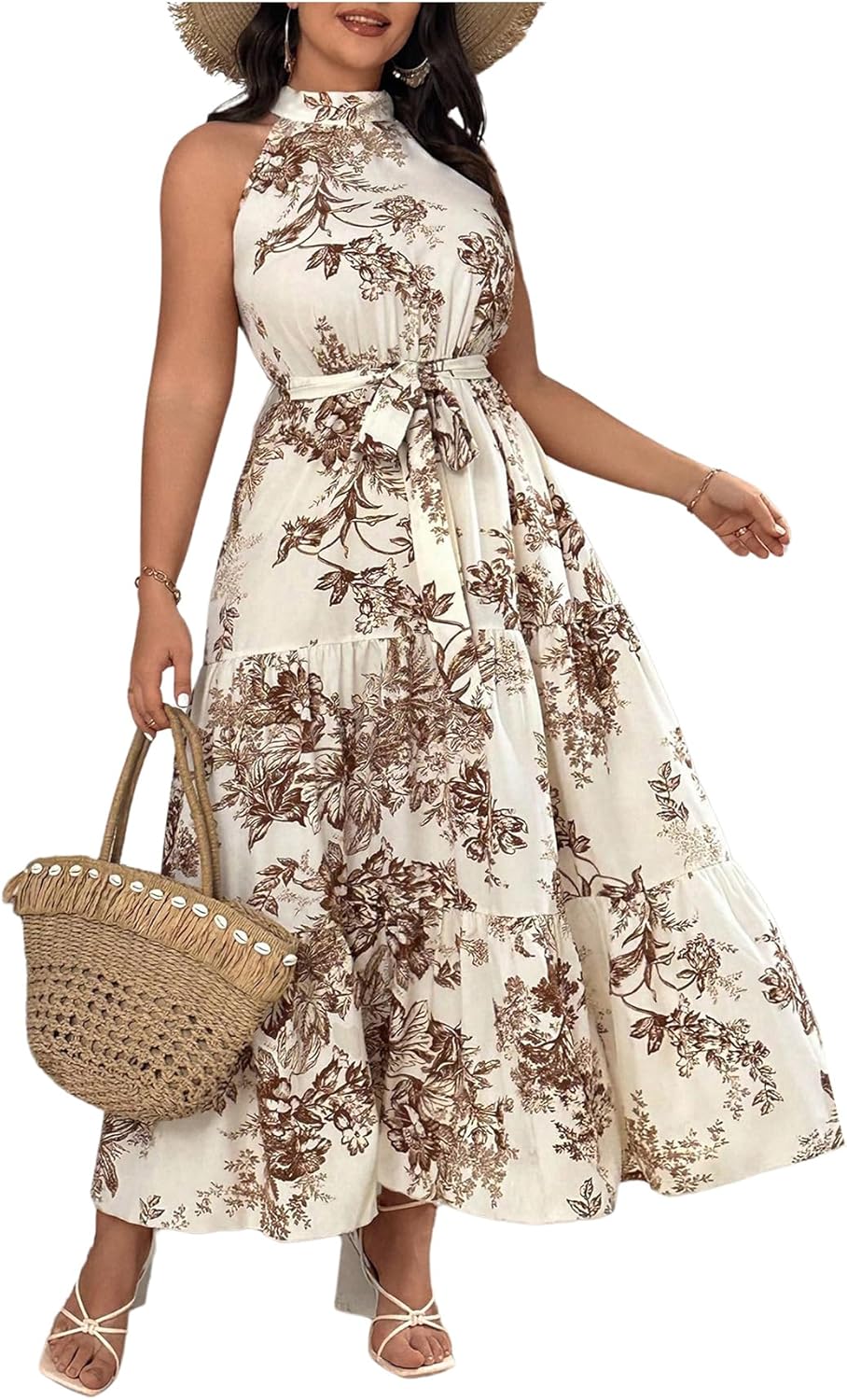 Floerns Women's Plus Size Boho Sleeveless Halter Neck Tie Back A Line Long Dress
