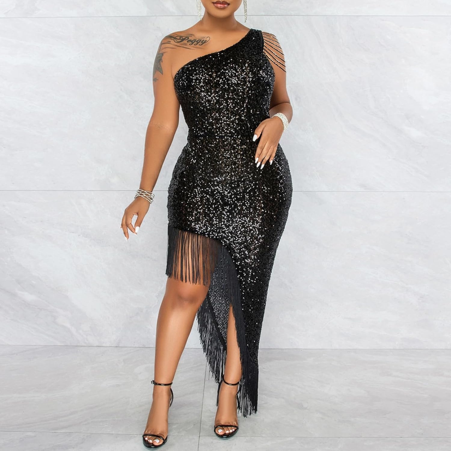 Cololura Women Sequin Elegant Sexy Tassels One Shoulder Mermaid Bodycon Cocktail Evening Midi Party Formal Dress
