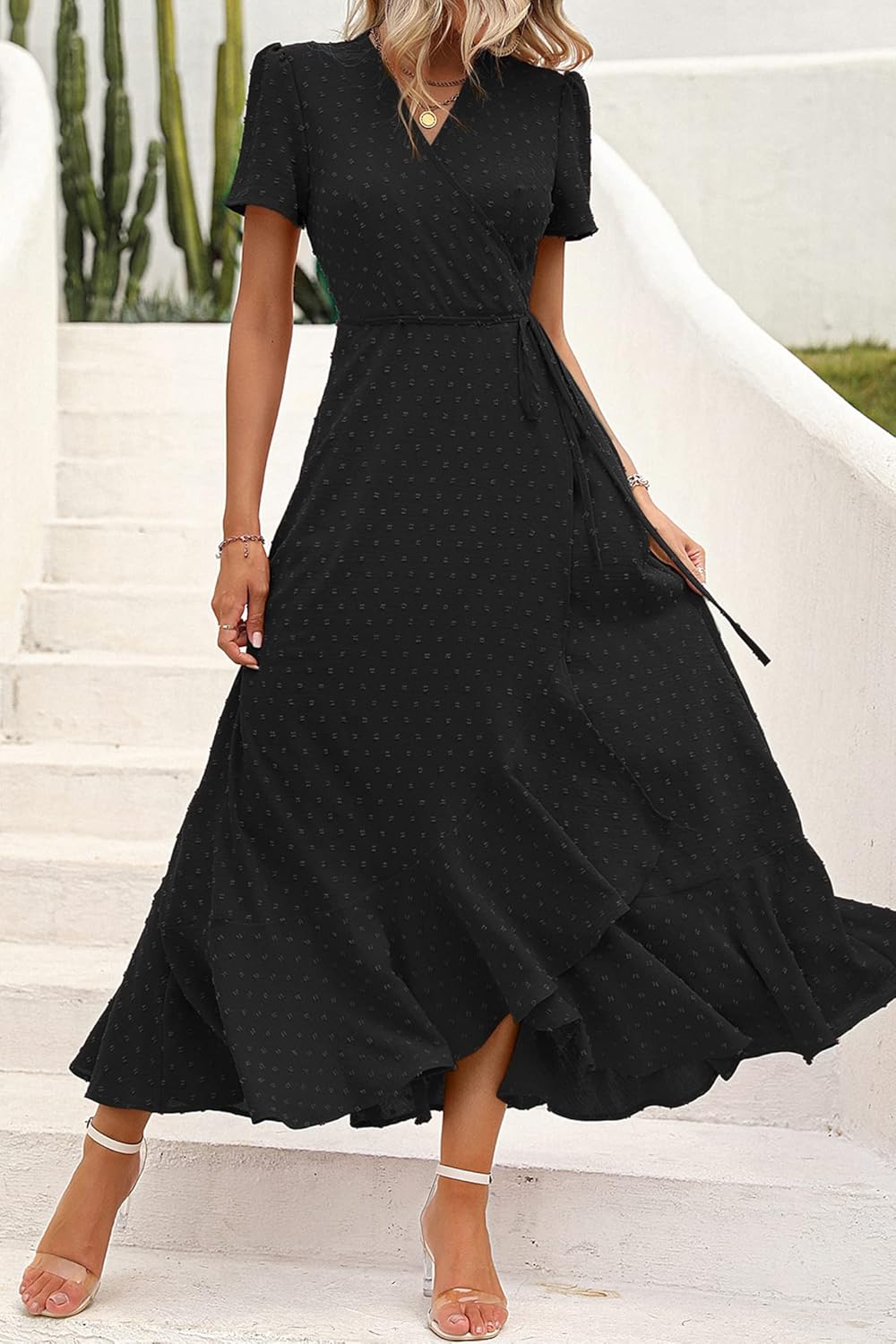 PRETTYGARDEN Women's Summer Wrap Maxi Dress Casual Short Sleeve Floral Boho V Neck Split Ruffle Beach Long Dresses