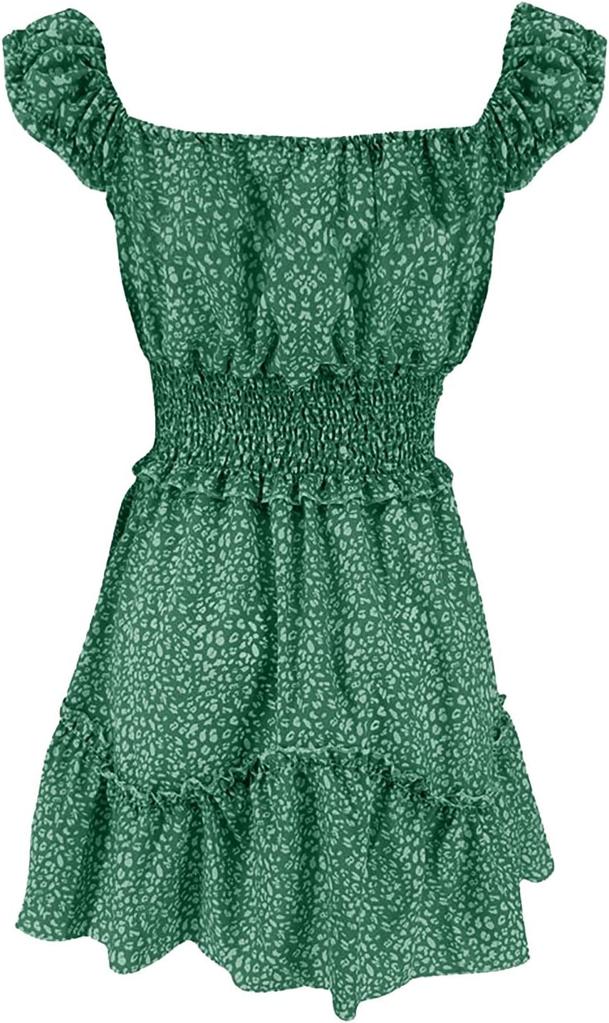 iQKA Women Short Mini Dress Summer Bohemian Floral Print Short Sleeve Square Neck Sexy Babydoll Dresses S-3XL