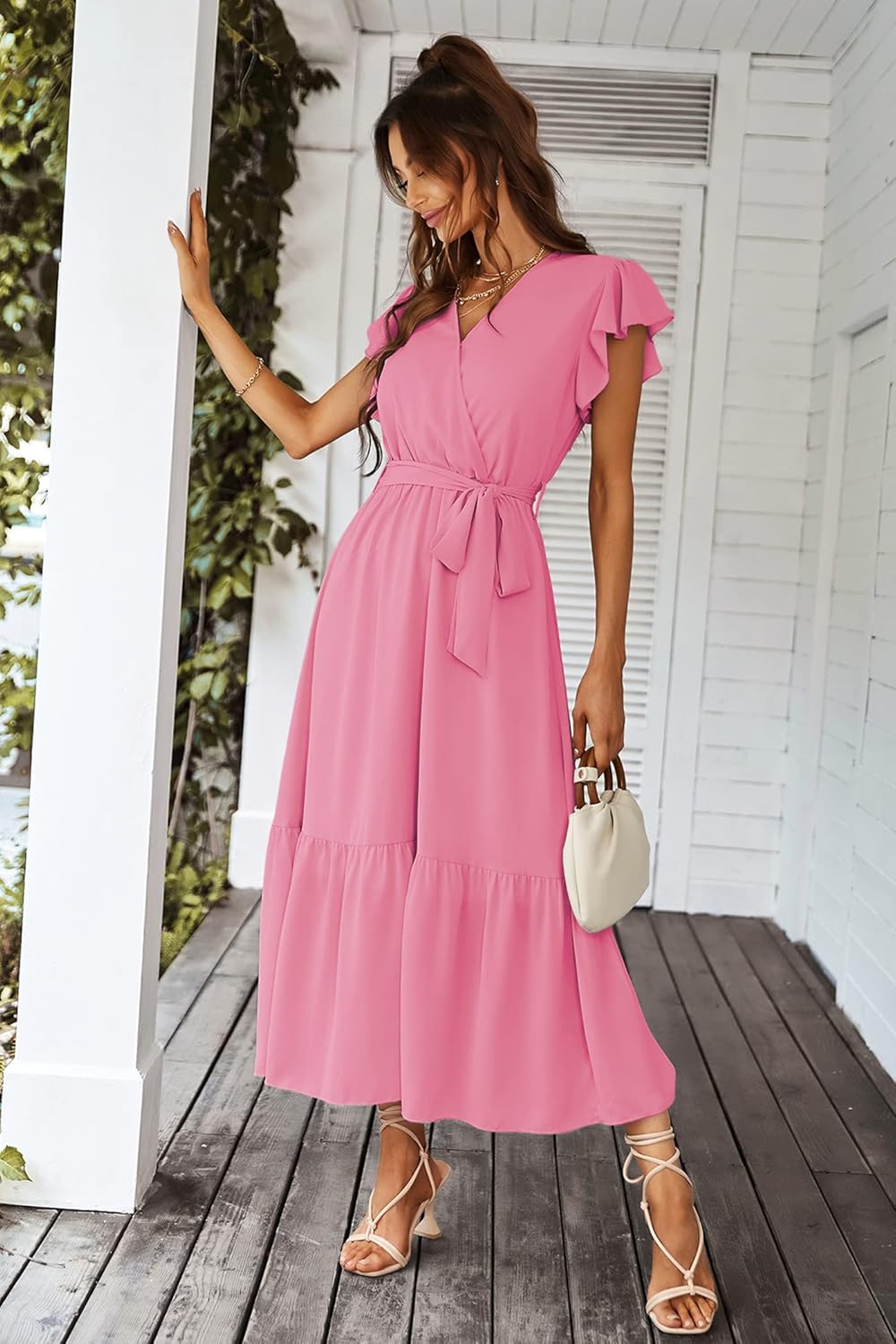 PRETTYGARDEN Women's Summer Floral Boho Dress Wrap V Neck Short Sleeve Ruffle A-Line Flowy Maxi Wedding Guest Dresses