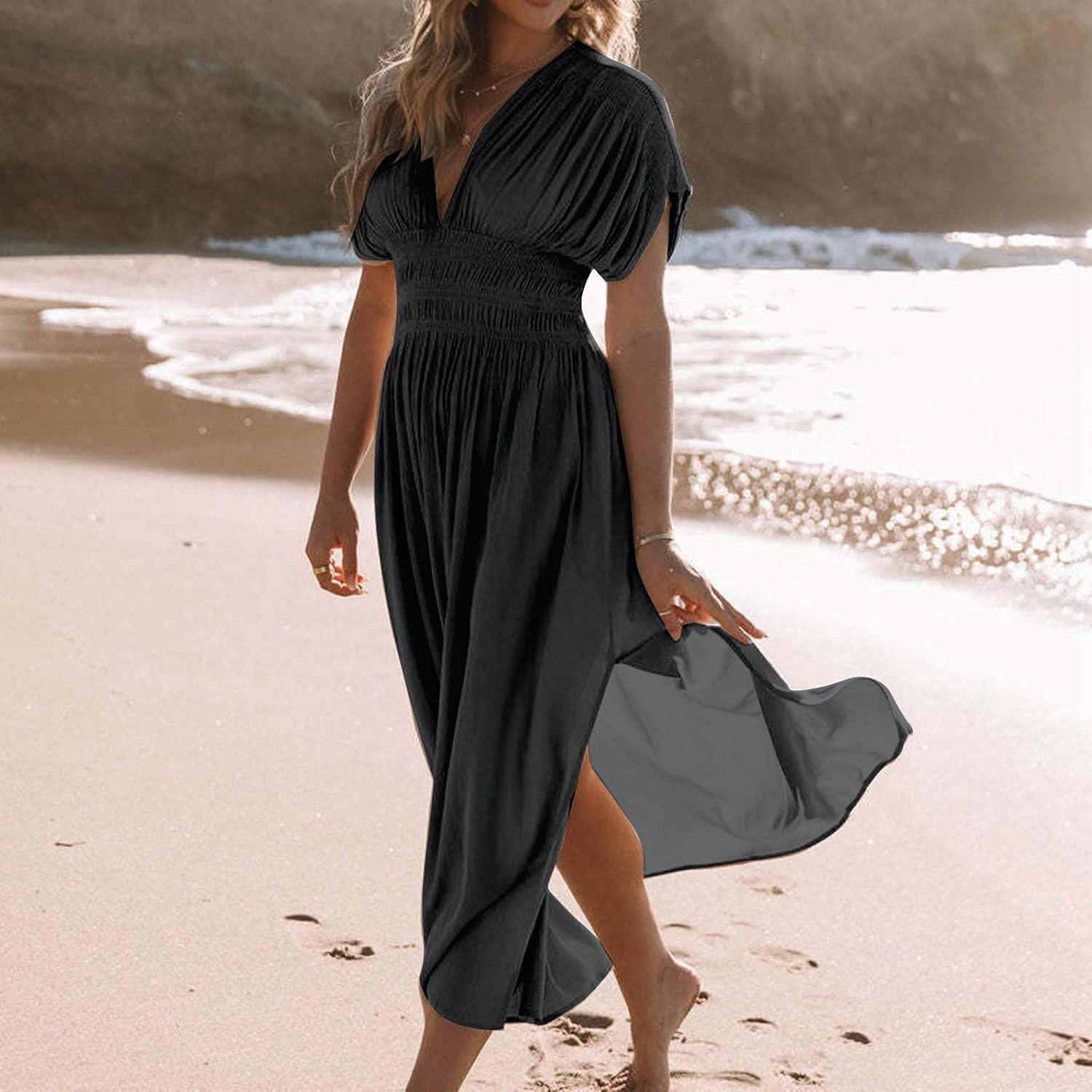 Women's Casual Maxi Dresses Ruffle Sleeve Smocked Dress High Waisted Plus Size Long Dresses Split Flowy Sundress
