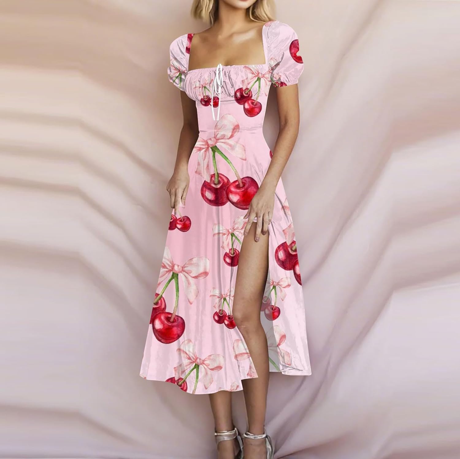 Women's Sundresses 2025 Summer Casual Loose Trendy Bubble Sleeve Square Neck Split Bow Floral Print Dress Plus Size, XS-3XL