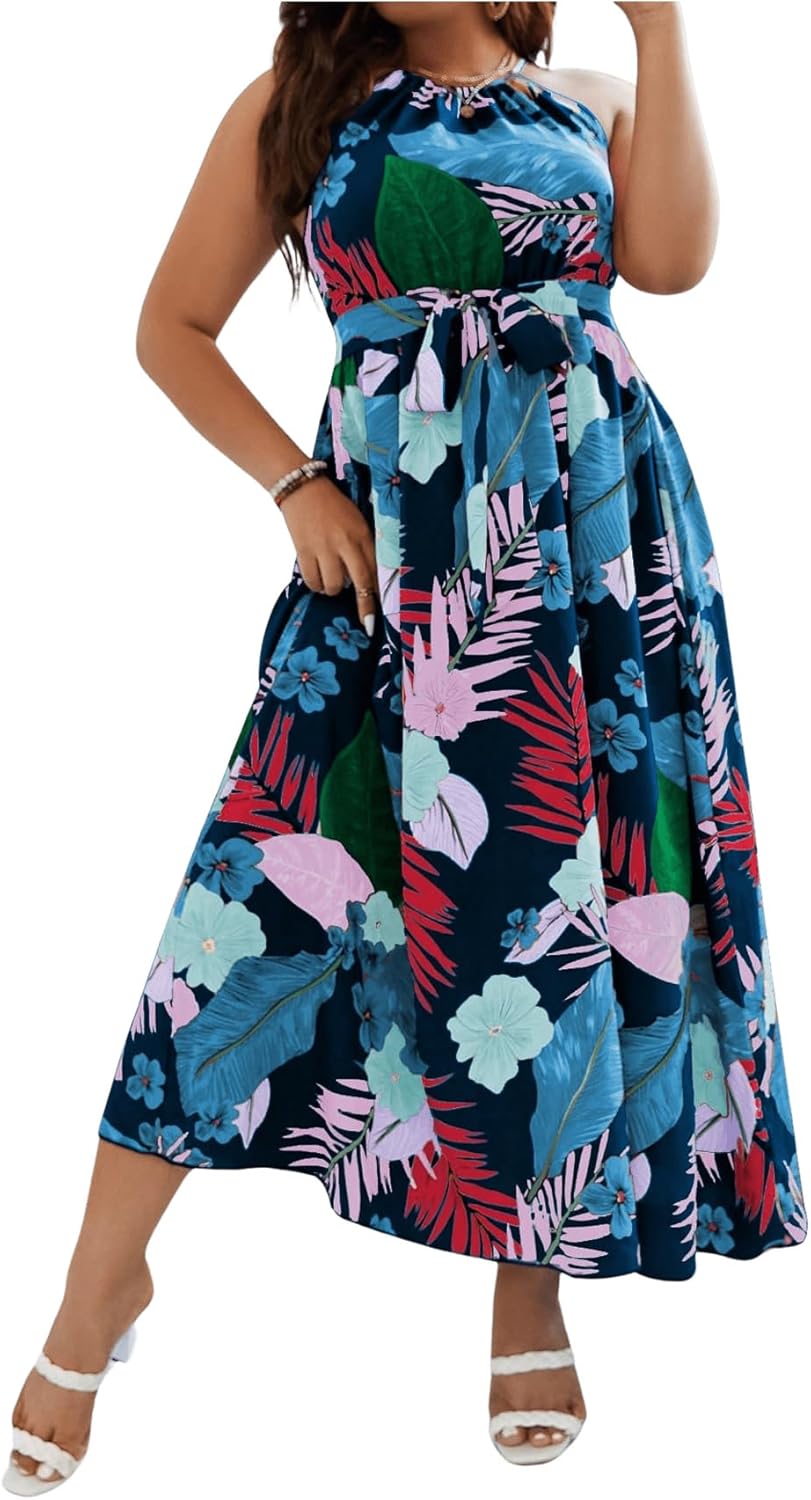 Floerns Women's Plus Size Boho Sleeveless Halter Neck Tie Back A Line Long Dress