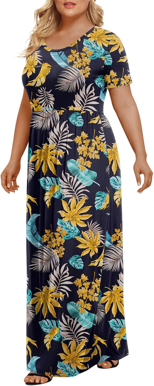 LONGYUAN Women's Plus Size Maxi Dresses for Curvy Women Summer Short Sleeve Casual 2025 Long Dress XL-6XL