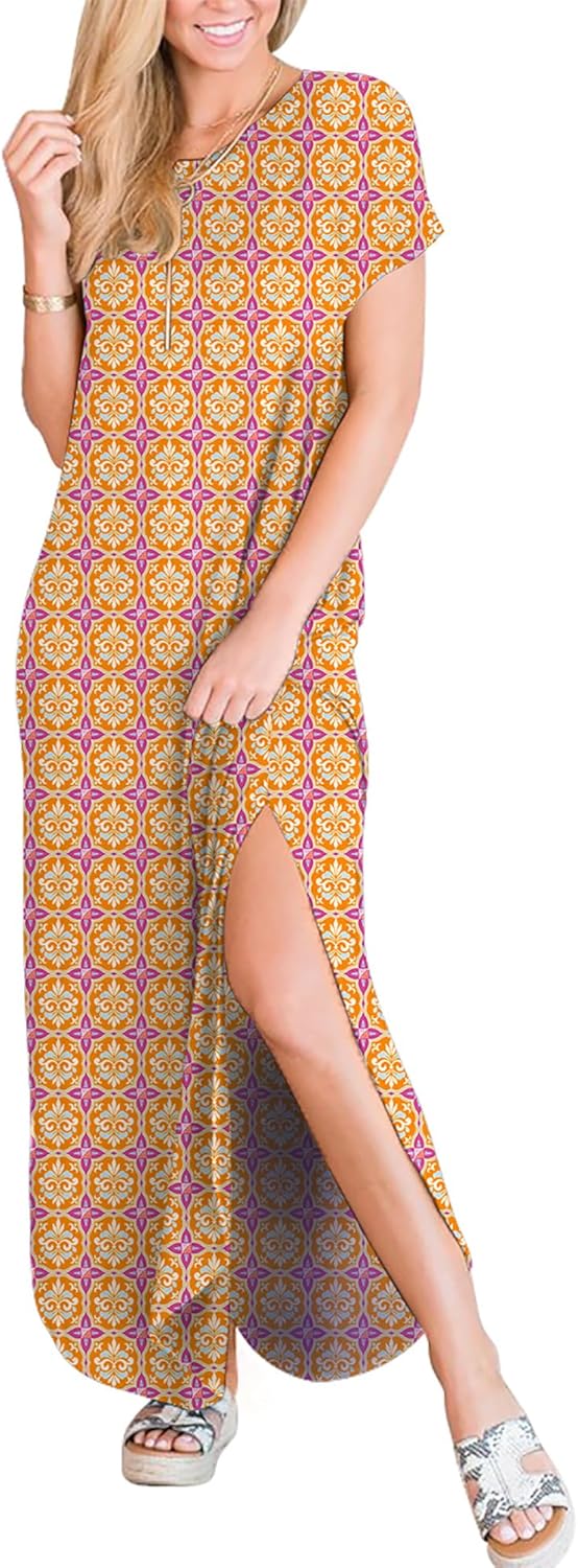 ANRABESS Women's Summer Casual Loose Short Sleeve Long T Shirt Dress Split Maxi Beach Sundress Travel Vacation Outfits