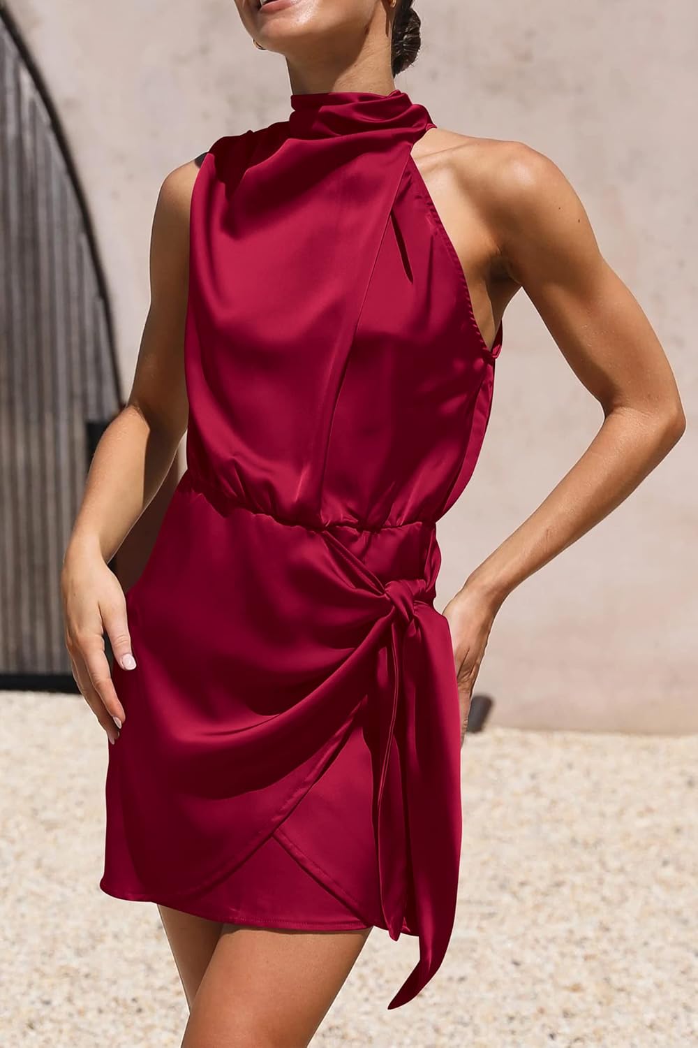 PRETTYGARDEN Women's Short Formal Satin Dress Summer Sleeveless Mock Neck Tie Waist Cocktail Party Dresses