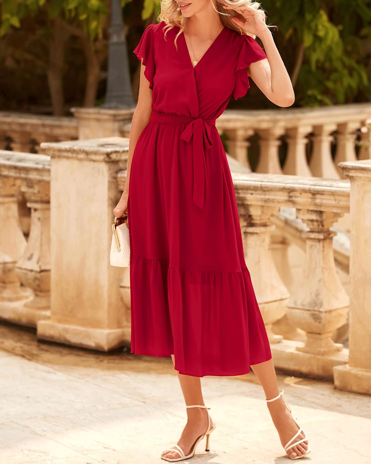 BTFBM Women Summer Bohemian Floral Casual Wrap V Neck Ruffle Cap Sleeveless Belt A-Line Pleated Hem Midi Sun Dress White