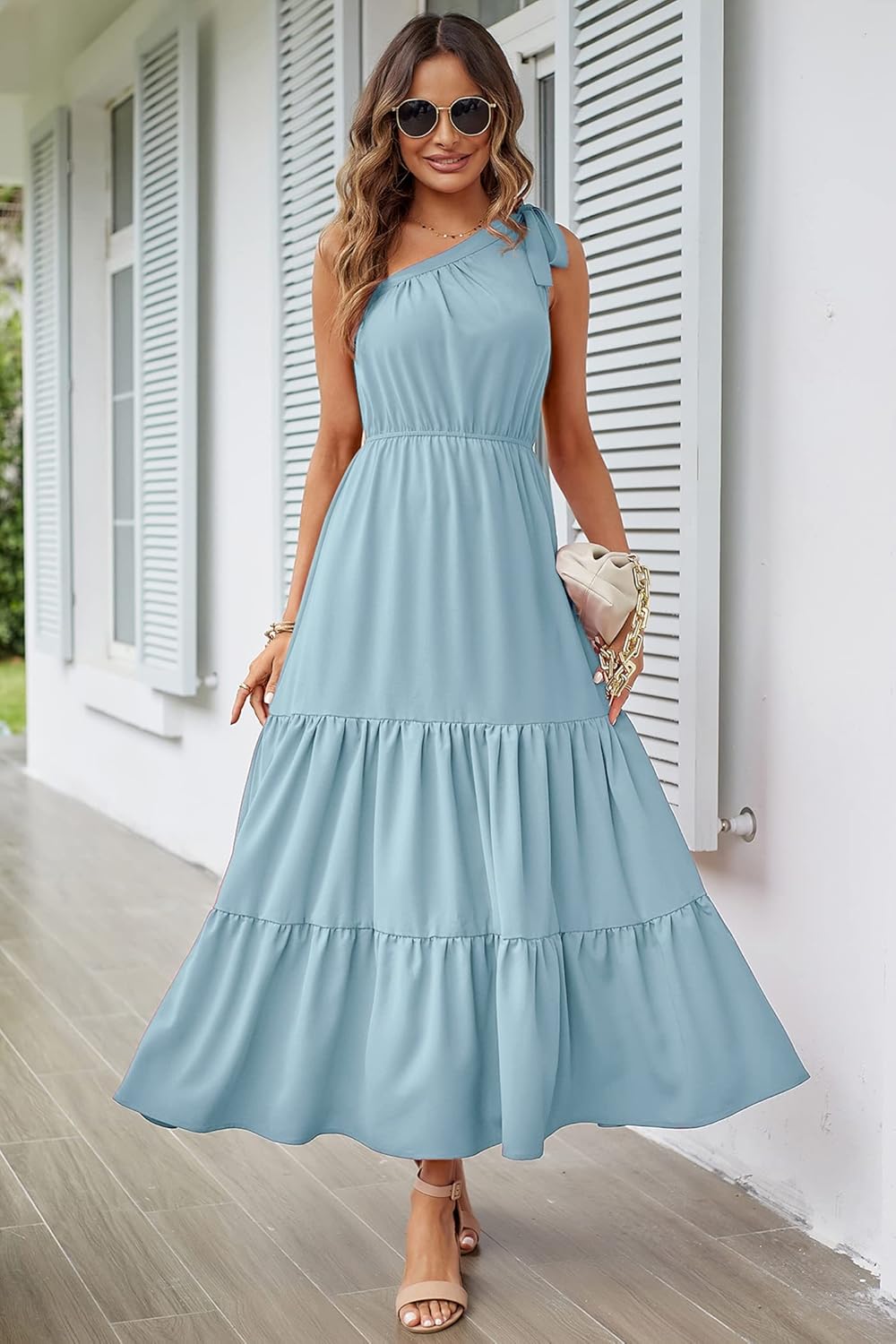 PRETTYGARDEN Women's Summer Floral Maxi Dress Knot One Shoulder Sleeveless Ruffle Flowy Boho Beach Wedding Guest Dresses