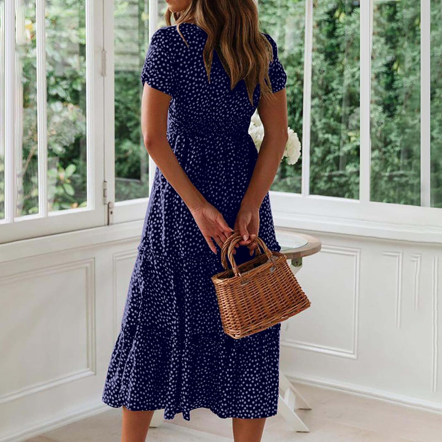 Womens Short Sleeve Dress Dress for Women Scoop Neck Chiffon Beach Hawaiian Pleated Maxi Long Dress 2025