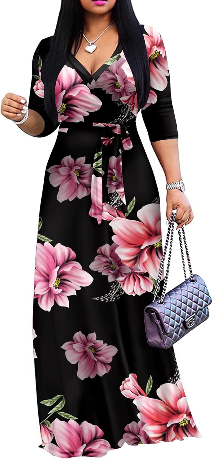 FANDEE Plus Size Maxi Dress for Women Casual Summer Sundress V-Neck 3/4 Sleeve
