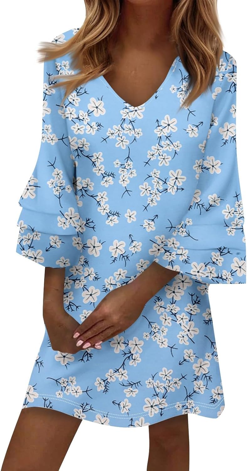 Beach Dresses for Women,2025 Summer Trendy Floral Print Boho Dress,Casual Loose V Neck Bell 3/4 Sleeve Mini Dress