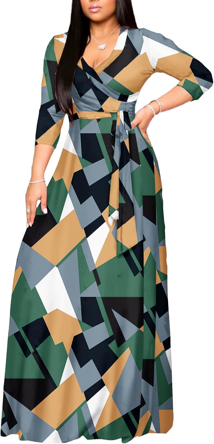 FANDEE Plus Size Maxi Dress for Women Casual Summer Sundress V-Neck 3/4 Sleeve