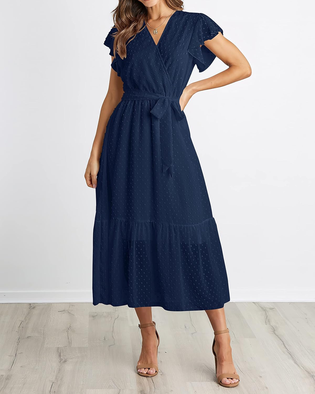 BTFBM Women Summer Bohemian Floral Casual Wrap V Neck Ruffle Cap Sleeveless Belt A-Line Pleated Hem Midi Sun Dress White