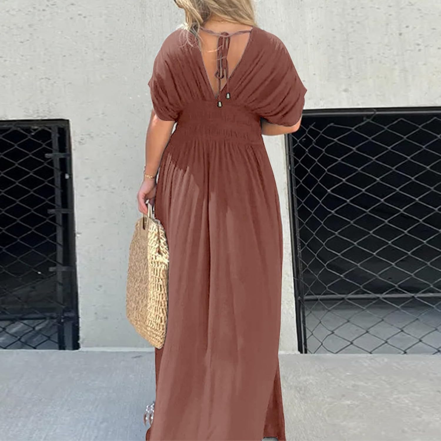 Women's Casual Maxi Dresses Ruffle Sleeve Smocked Dress High Waisted Plus Size Long Dresses Split Flowy Sundress