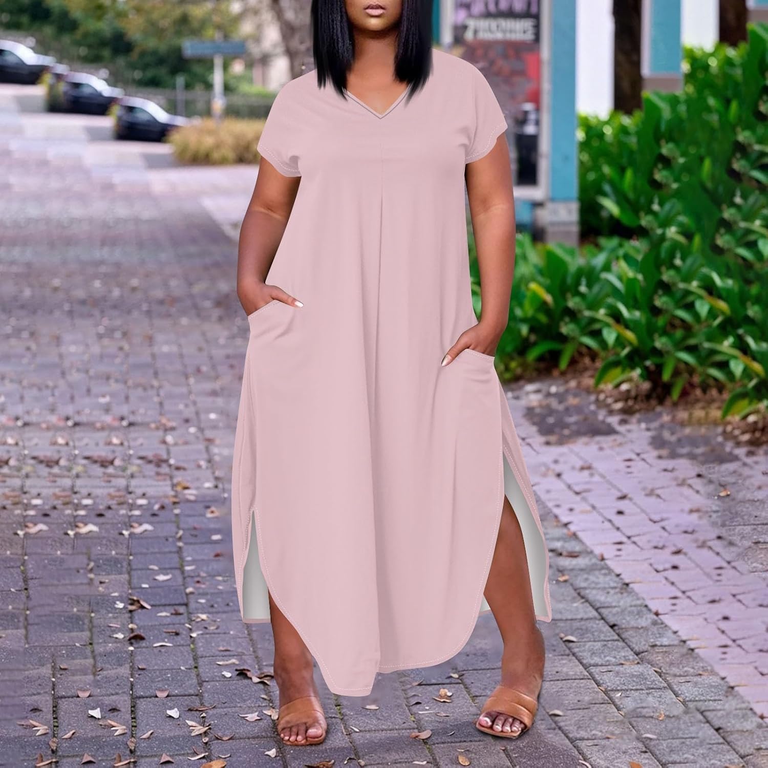 Maxi Dresses for Women 2025 Plus Size Tie Dye V Neck Dress Short Sleeve Side Split Beach Summer Sundress with Pocket