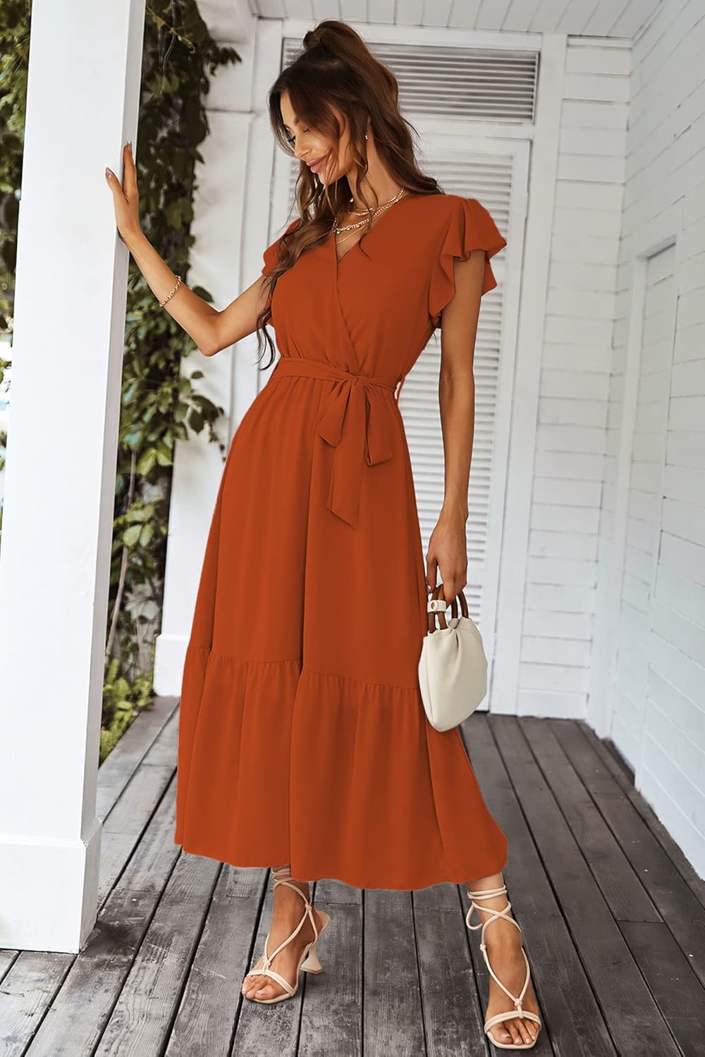 PRETTYGARDEN Women's Summer Floral Boho Dress Wrap V Neck Short Sleeve Ruffle A-Line Flowy Maxi Wedding Guest Dresses