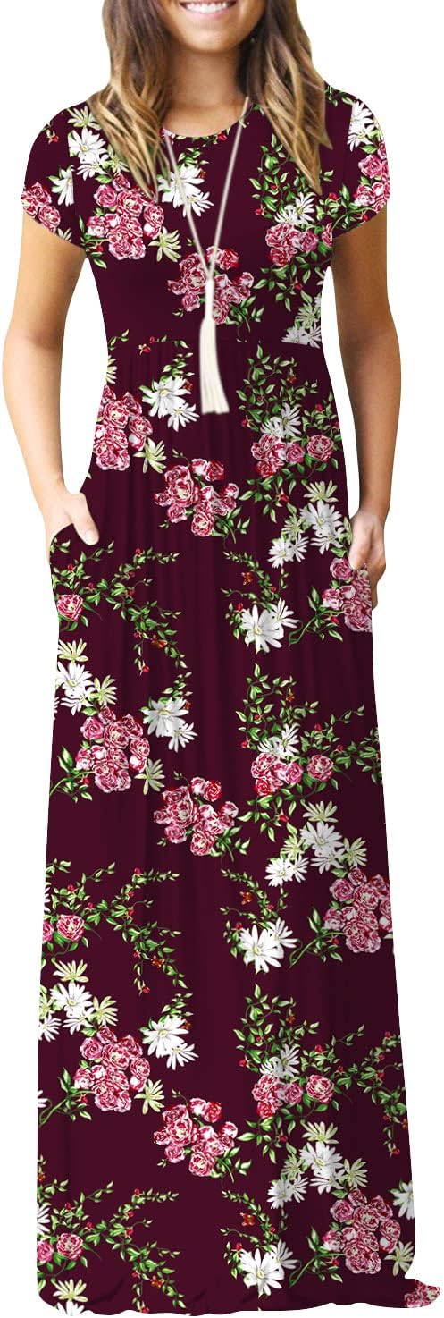 DEARCASE Maxi Dress for Women Short Sleeve Casual Summer Loose Plain Comfy Long Dresses with Pockets
