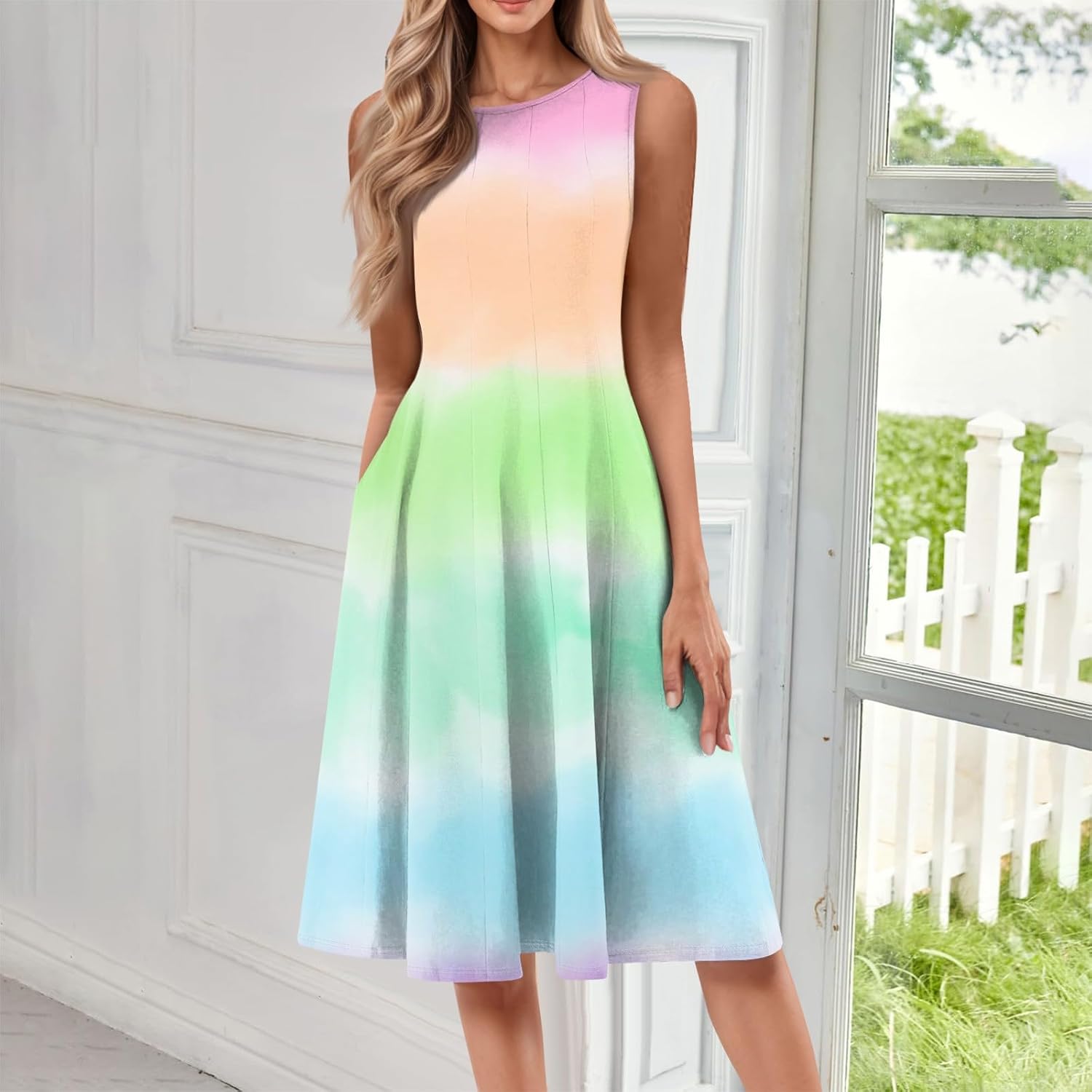 Womens Tank Sundress 2025 Casual Floral Print Tshirt Dress Swing Sleeveless Midi Dress Crewneck Pleated Summer Dresses
