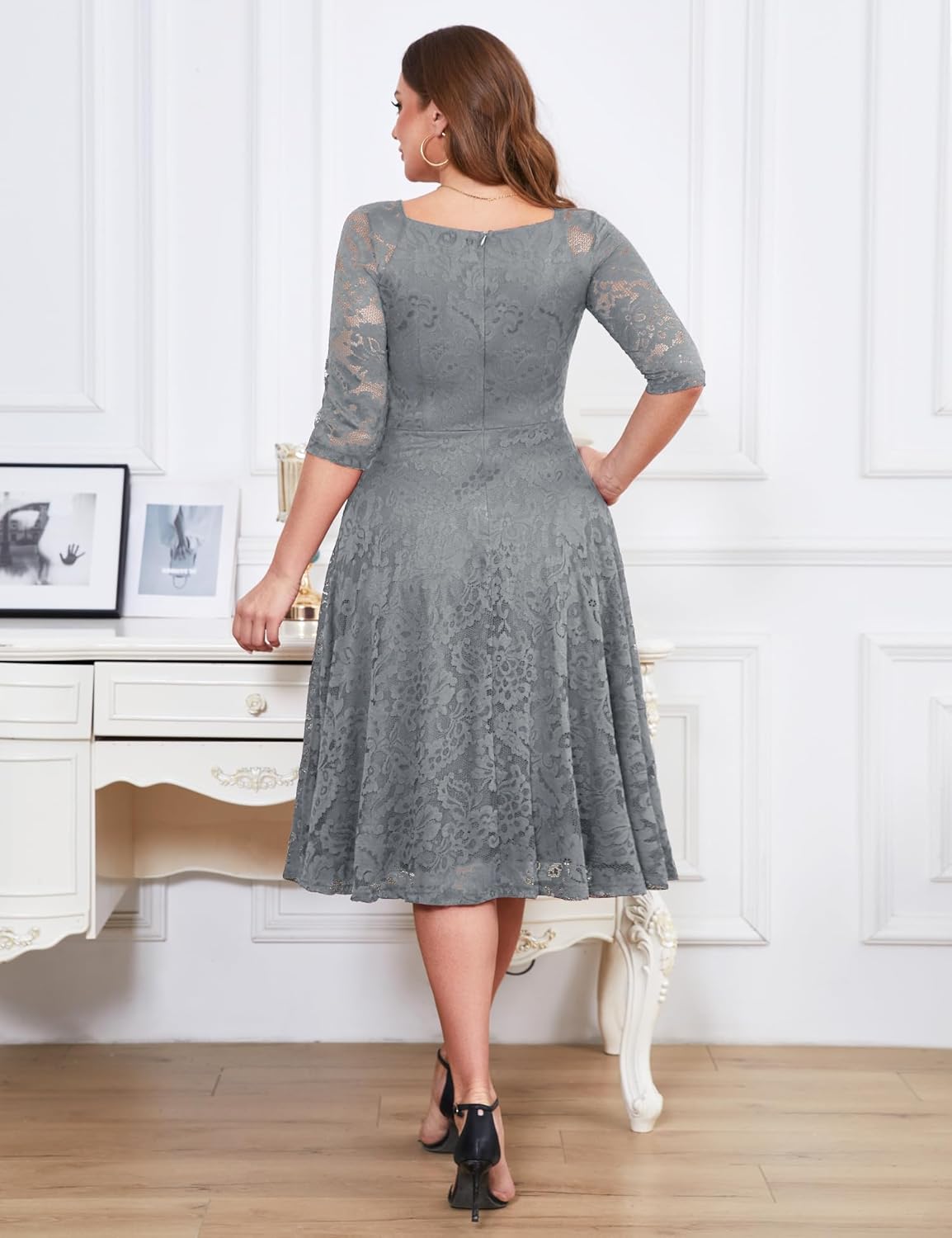 Dressystar Womens Long-Sleeve Wedding Guest Dress A-Line Lace Formal Party Cocktail Midi Dress Prom Gown