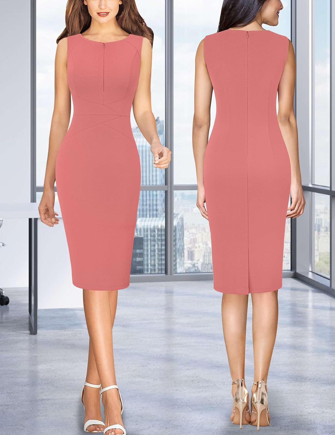 VFSHOW Womens Elegant Slim Front Zipper up Work Business Office Party Sheath Dress