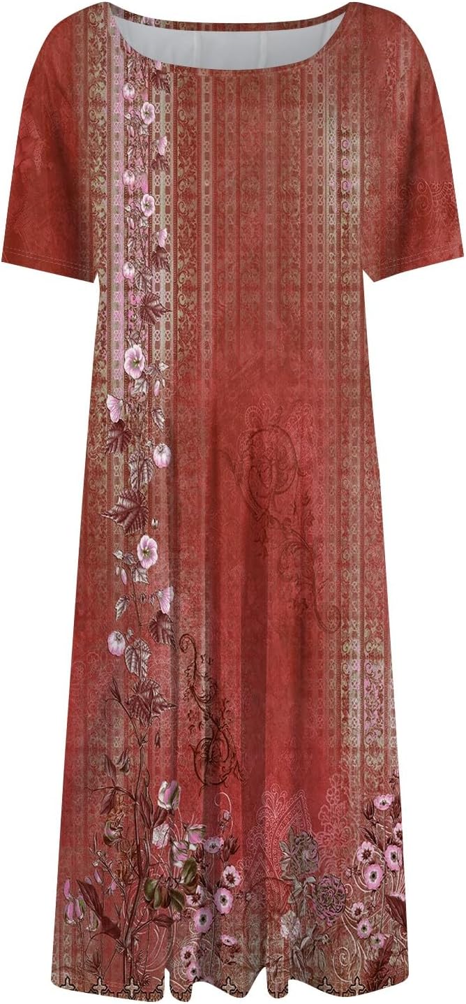 Summer Dresses for Women 2025 Crew Neck Short Sleeve Boho Beach Vacation Floral/Solid Midi Sundresses with Pockets
