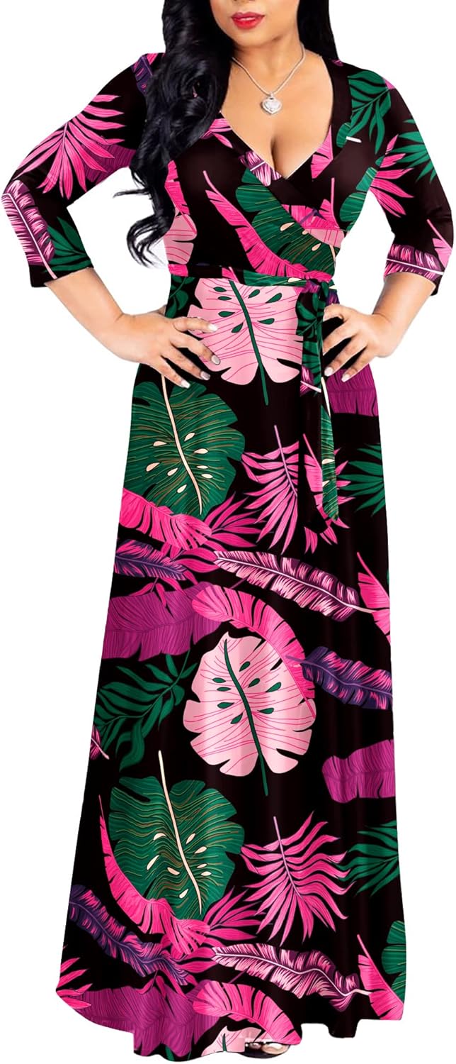 FANDEE Plus Size Maxi Dress for Women Casual Summer Sundress V-Neck 3/4 Sleeve