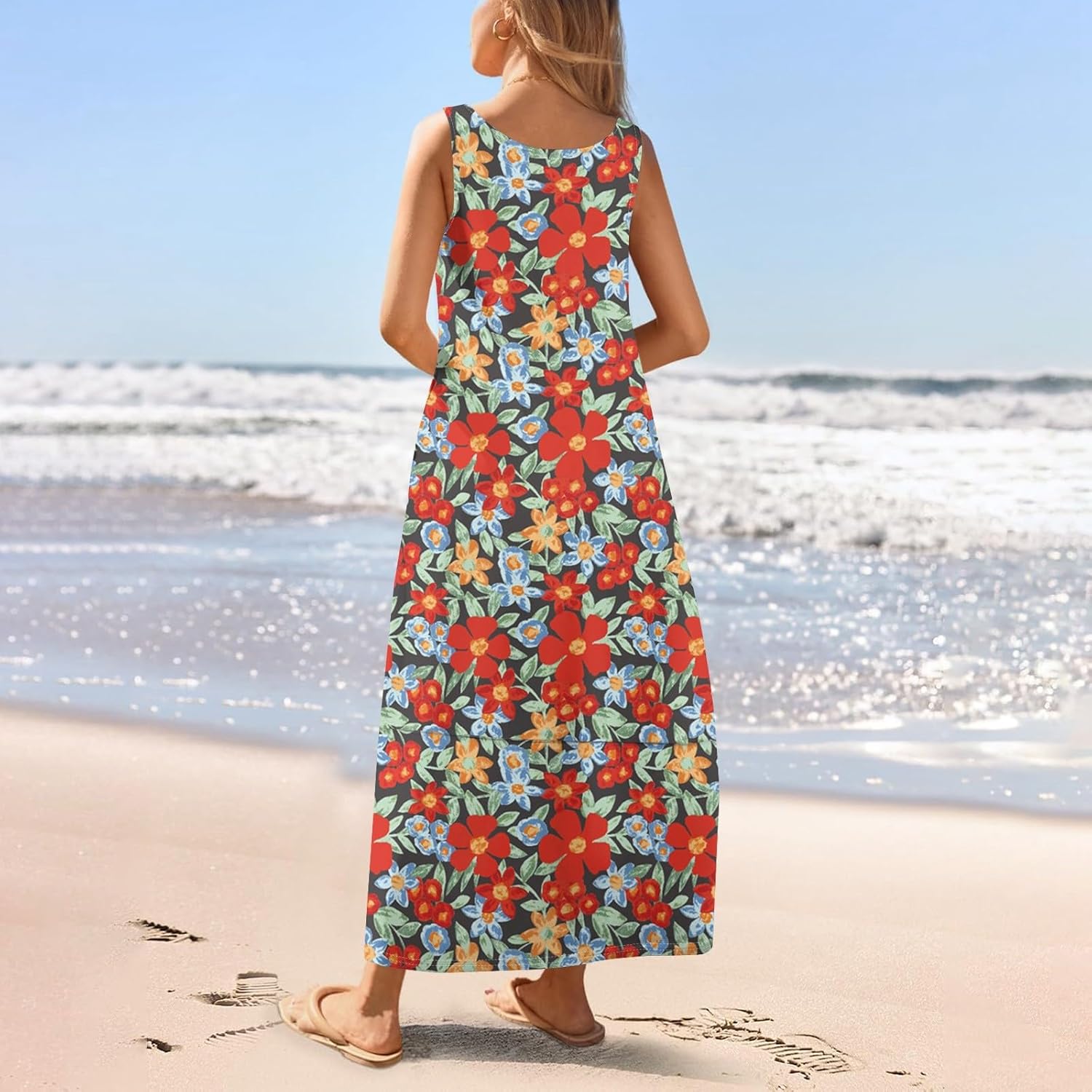 Womens Summer Tank Dress Vacation Boho Floral Long Dresses with Pockets Resort Wear Swing Beach Sleeveless Sundress