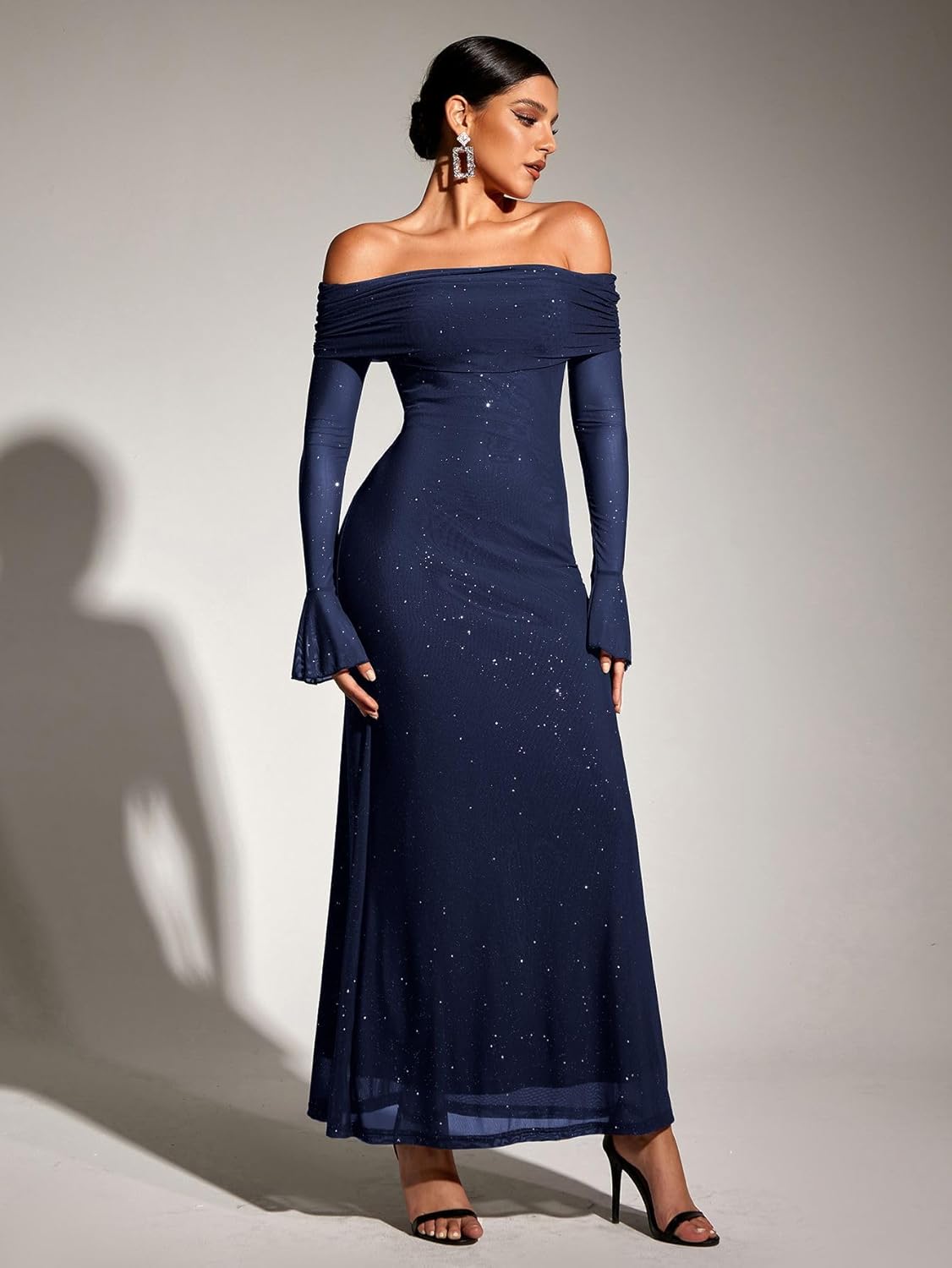 KUTUMAI Women Off Shoulder Bodycon Maxi Dress Long Sleeve Mesh Ruched Party Formal Wedding Guest Dresses