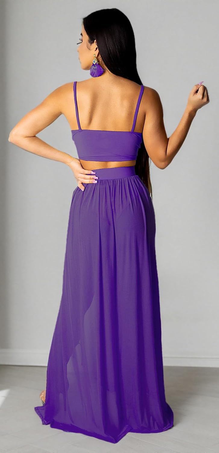 Women Sexy 2 Piece Outfits Dress Chiffon Strap Deep V Neck Bra Crop Top High Split Maxi Dresses Skirt Set
