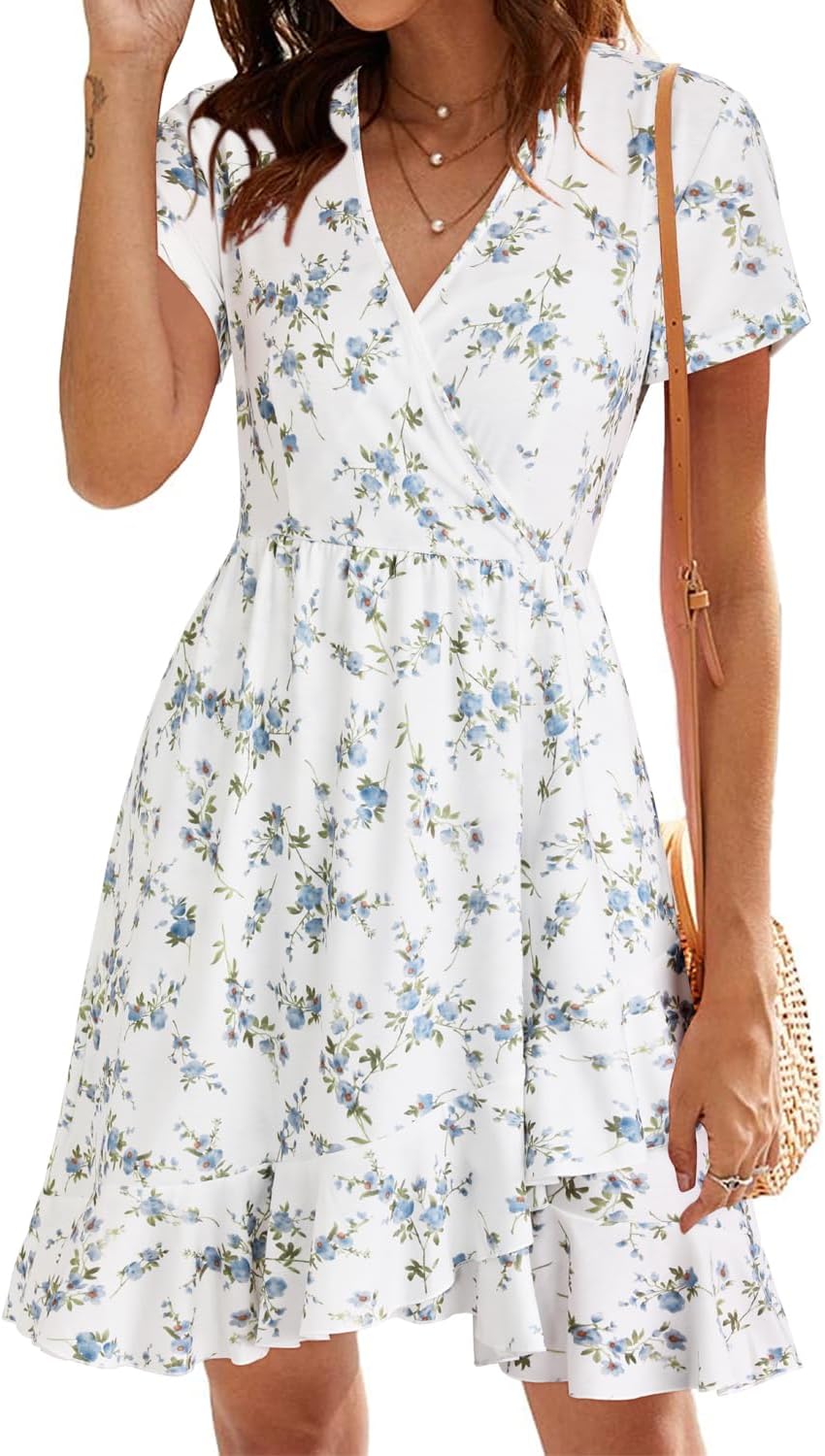 ULTRANICE Womens Summer Dresses Floral V Neck Ruffled Hem Spaghetti Spring Casual Beach Outfits Flowy Wrap Sun Dress