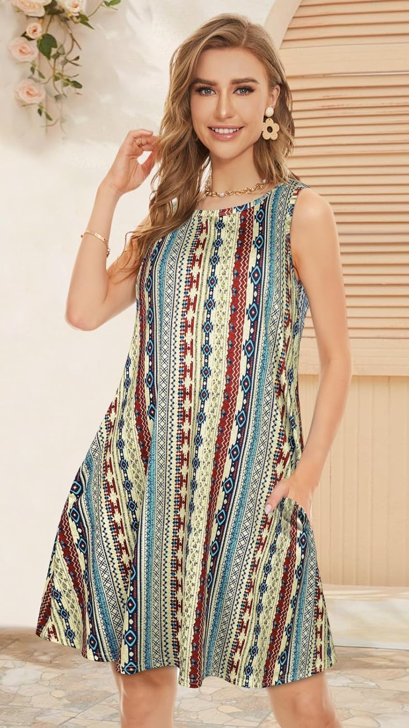 Summer Dresses for Women Beach Boho Sleeveless Vintage Floral Flowy Pocket Tshirt Tank Sundresses