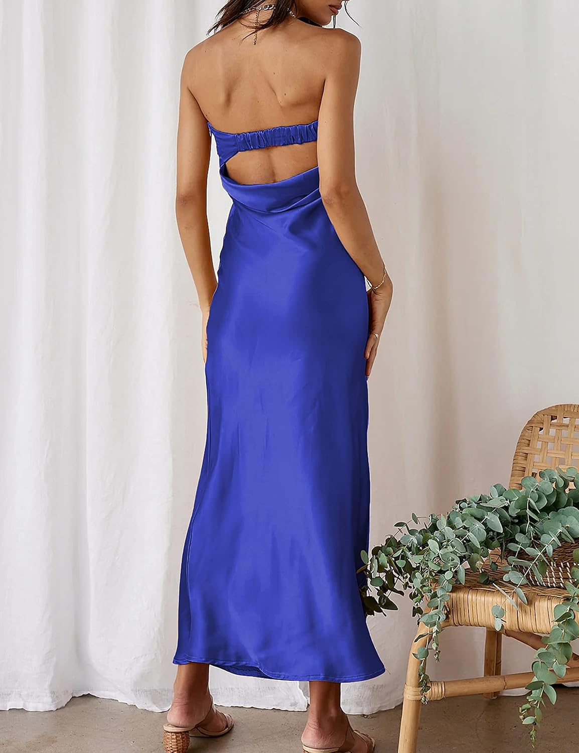 Realtix Satin Silk Backless Tube Tops Maxi Dress for Women Low Back Hollow Out Elegant Strapless Long Dresses Wedding Guest