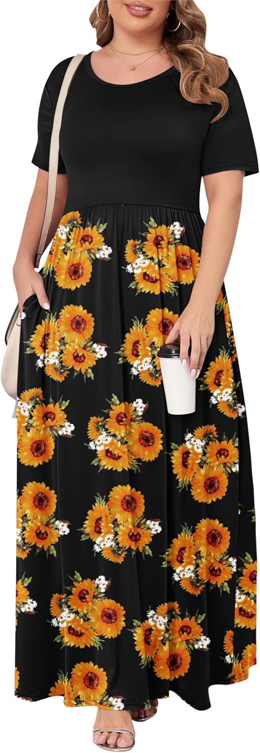 KARALIN Women’s Plus Size Maxi Dresses for Curvy Women Summer Casual Short Sleeve 2025 Long Dress 14W-26W