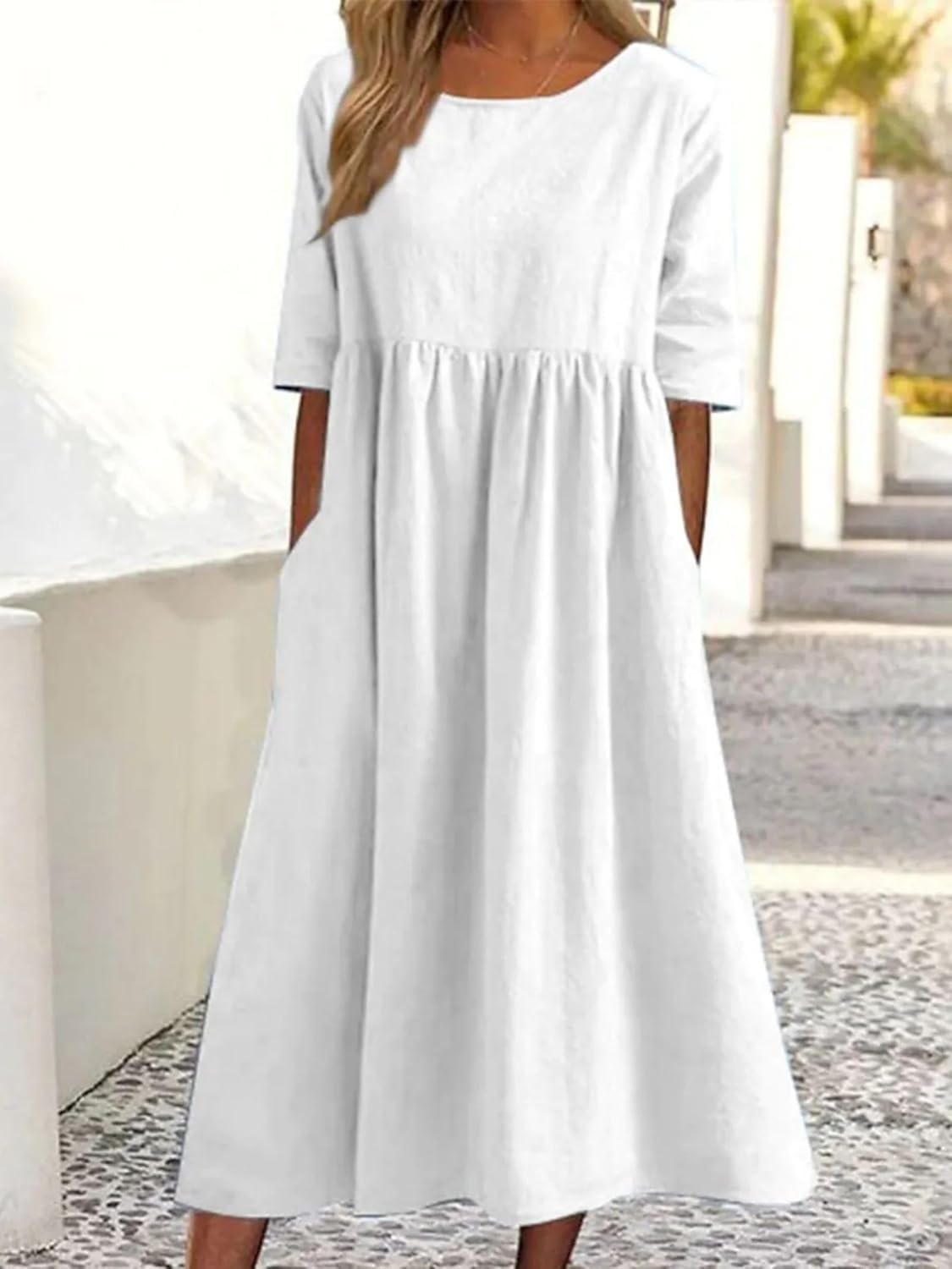 Womens Oversized Baggy Flowy Cotton Linen Maxi Dresses Summer Beach Short Sleeve Round Neck Pleated Dress Sundress