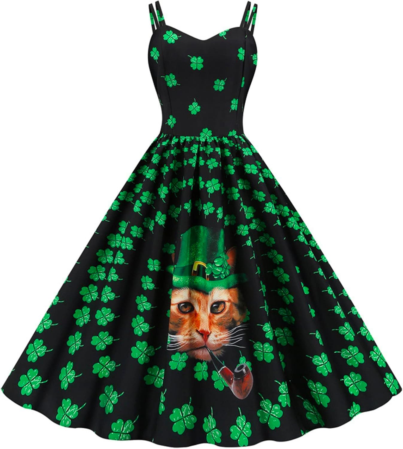 aihihe St Patricks Day Dress for Women A Line Pleated Hepburn Dress Lukcy Shamrock Print Irish Dress 2024 Vintage Dress