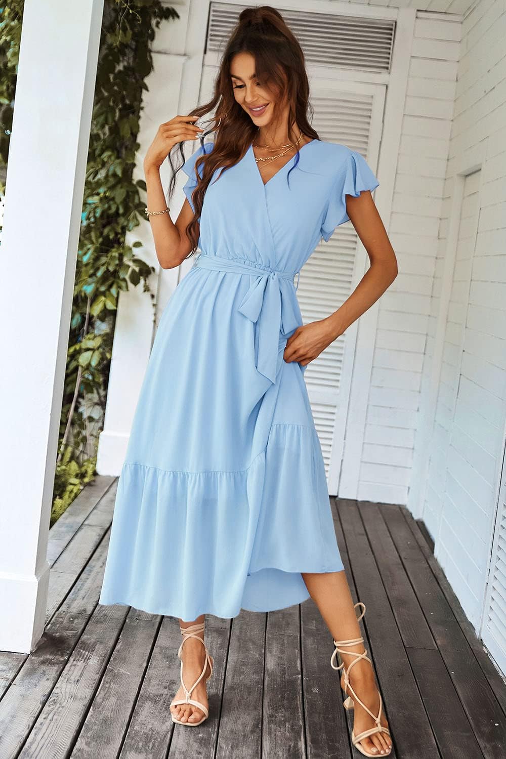 PRETTYGARDEN Women's Summer Floral Boho Dress Wrap V Neck Short Sleeve Ruffle A-Line Flowy Maxi Wedding Guest Dresses