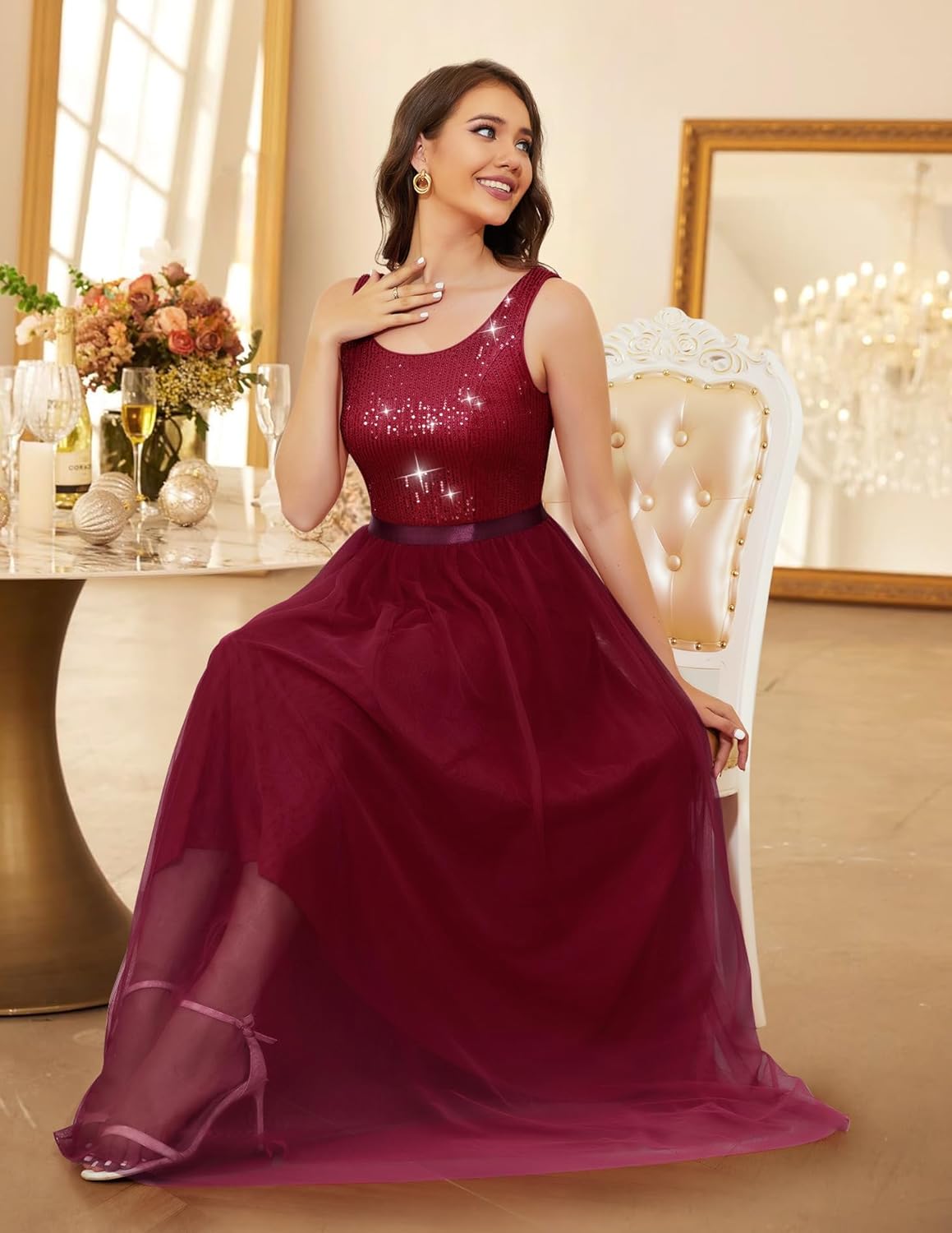 BeryLove Sequin Dress for Woman Vintage A Line Wedding Formal Swing Mesh Dress Sleeveless Cocktail Maxi Gowns
