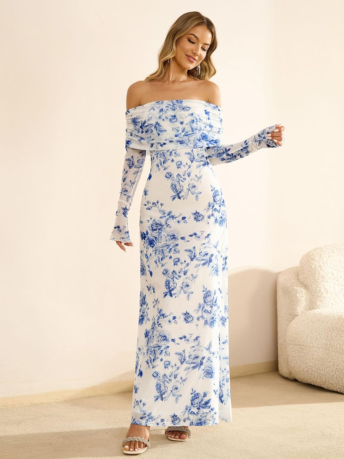 KUTUMAI Women Off Shoulder Bodycon Maxi Dress Long Sleeve Mesh Ruched Party Formal Wedding Guest Dresses