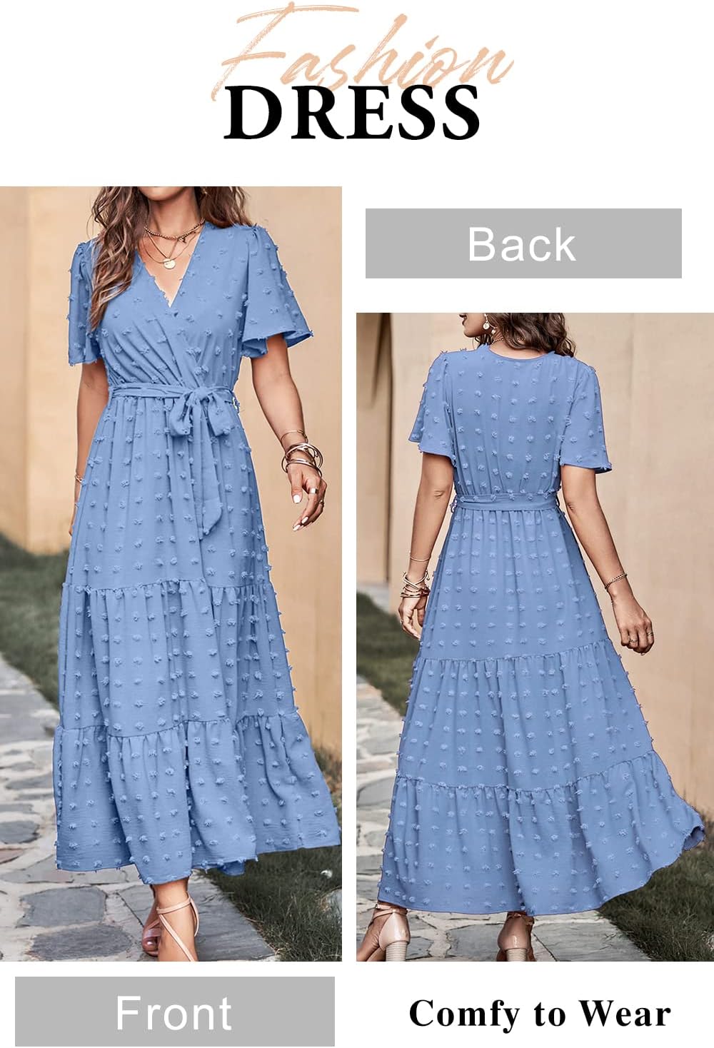 MASCOMODA Womens Boho Swiss Dot Maxi Dresses Wrap V Neck Flutter Short Sleeve Solid Tie Belt A Line Tiered Flowy Long Dress