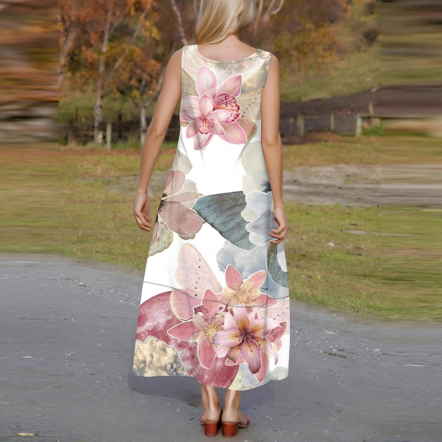 Womens Summer Tank Dress Vacation Boho Floral Long Dresses with Pockets Resort Wear Swing Beach Sleeveless Sundress