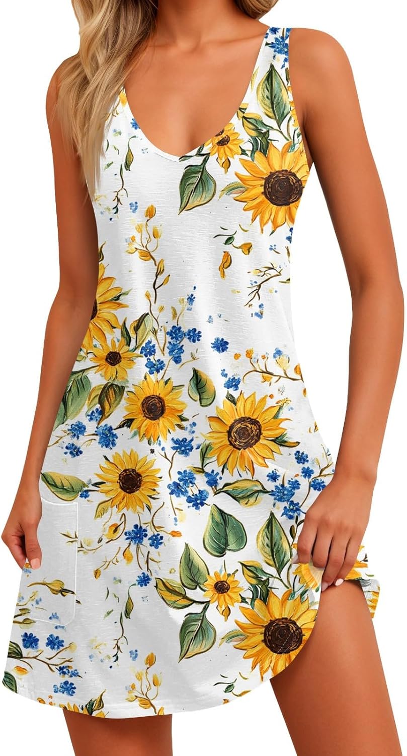 Women's Sleeveless Floral Print Summer Dress Casual V-Neck A-Line Mini Dress for Beach Party and Daily Wear