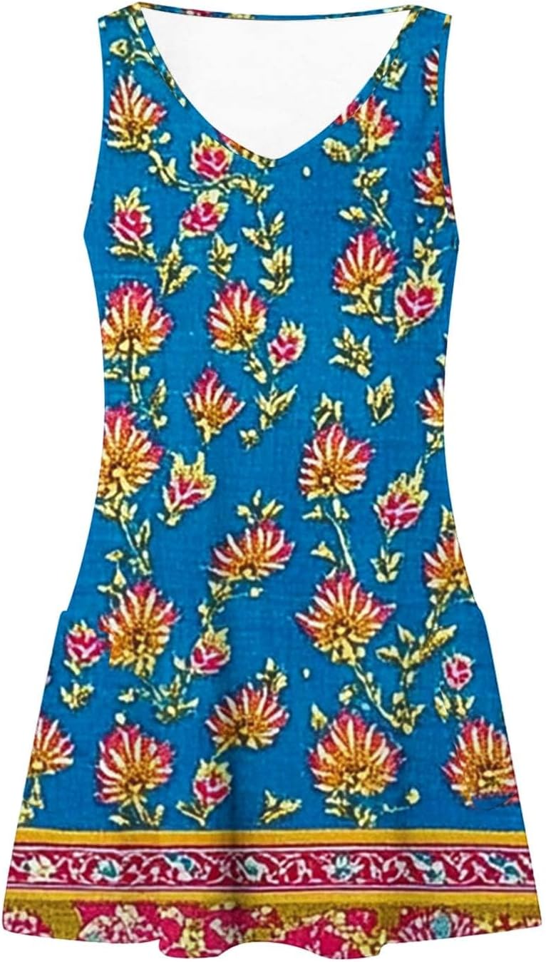 Womens 2025 Spring Summer Dresses Casual Floral Print V-Neck Tank Dress Curve Hem Pleated A-Line Sundresses