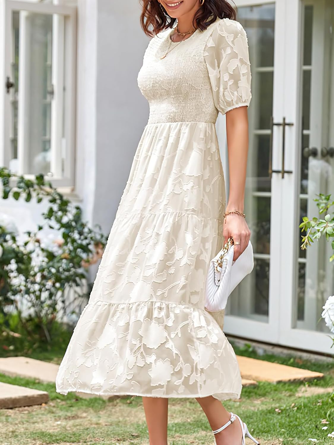 ebossy Women's Casual Smocked Lace Party Dress Puff Sleeve A-line Flowy Tiered Jacquard Midi Dress