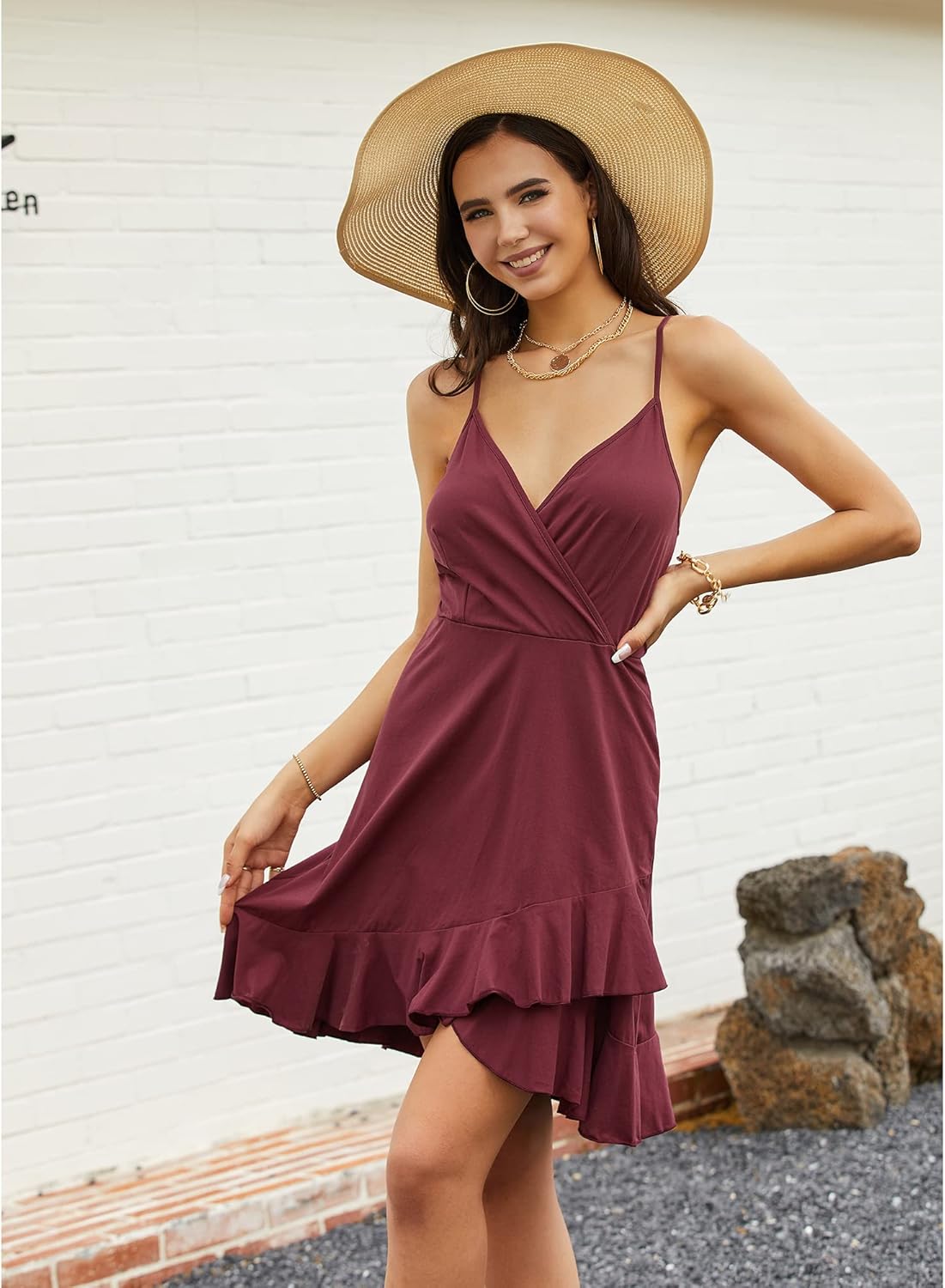 ULTRANICE Womens Summer Dresses Floral V Neck Ruffled Hem Spaghetti Spring Casual Beach Outfits Flowy Wrap Sun Dress